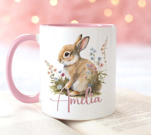 Personalised gift mug, Pink Handle Mug, Gorgeous Bunny Rabbit and Flowers, Easter Gift Ideas