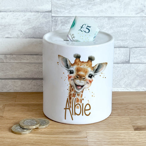 Personalised Ceramic White Money Box Coin Bank - Cute Safari Giraffe Head