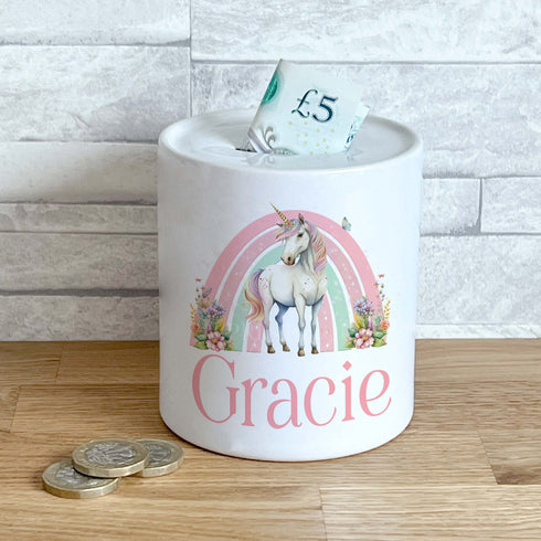 Personalised Ceramic White Money Box Coin Bank - Unicorn Rainbow
