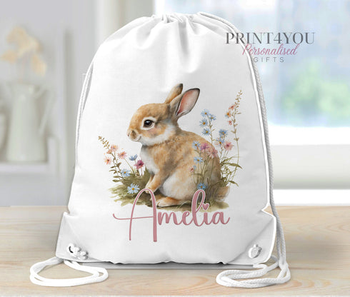Personalised School PE / Gym / Swim Bag, Back to School kids drawstring bag, Water resistant bag, Rabbit and Flowers