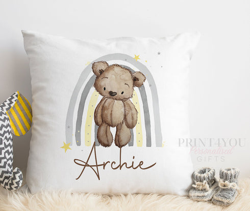 New Baby Gift Cushion | Brown Teddy Bear Rainbow | Personalised Children's Gift Cushion