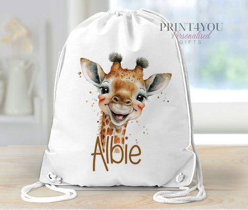 Personalised School PE / Gym / Swim Bag, Back to School kids drawstring bag, Water resistant bag, Cute Giraffe Head