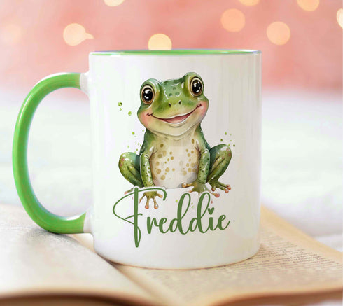 Light green trim mug children's personalised mug (full size), Green Frog