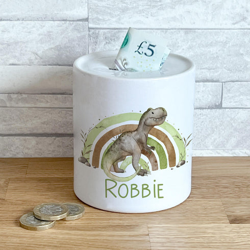 Personalised Ceramic White Money Box Coin Bank - Boy Dinosaur Rainbow