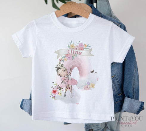 Children's White Cotton Personalised T-shirt Only - Pink Rainbow and Ballerina Dancer