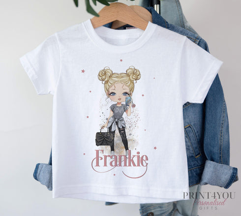 Children's White Cotton Personalised T-shirt - Fashion Girl Variations with Phone and handbag