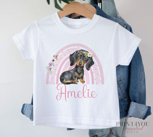 Children's White Cotton Personalised T-shirt - Pink Rainbow with dachshund puppy dog
