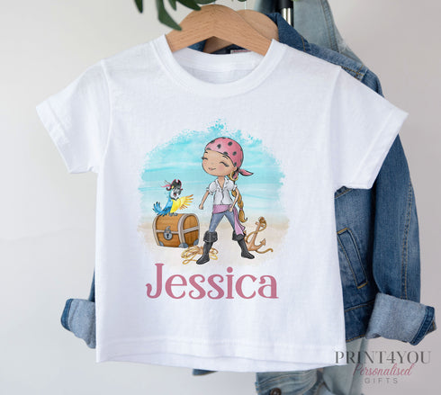 Children's White Cotton Personalised T-shirt - Pirate Girl and treasure chest
