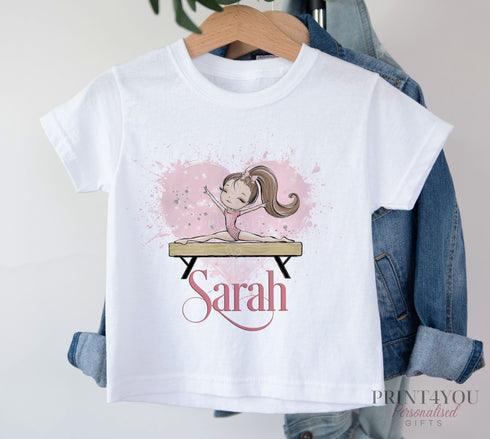 Children's White Cotton Personalised T-shirt - Gymnastics Dancer on a Beam Letter and name