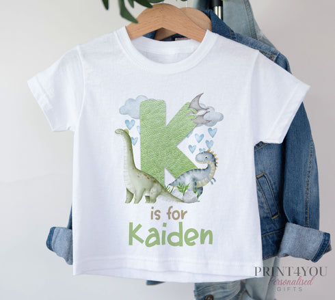 Children's White Cotton Personalised T-shirt - Dinosaur Alphabet Letter and name