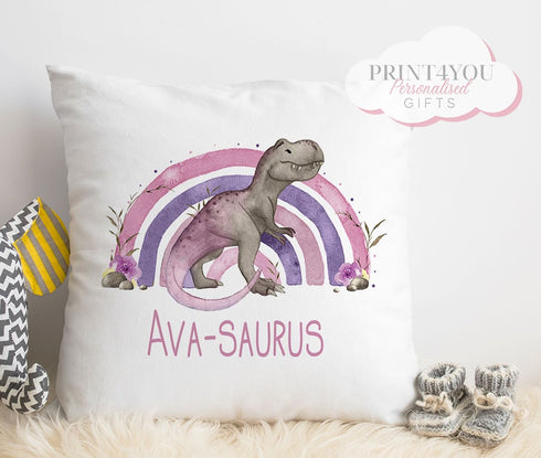 Dinosaur Children's name-saurus Cushion | pink purple girls T-rex Dinosaur Pillow | Personalised Children's Pillow Gift