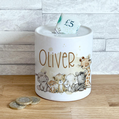 Personalised Ceramic White Money Box Coin Bank - Mixed Safari Animals