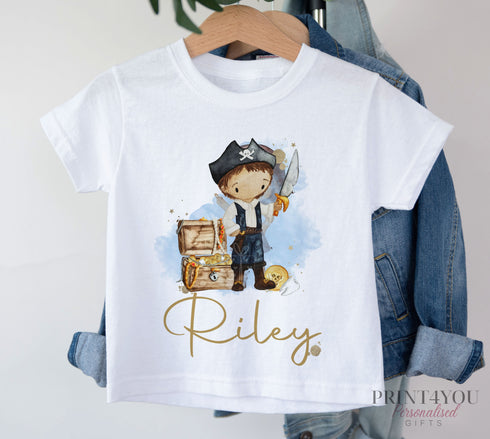 Children's White Cotton Personalised T-shirt - Pirate and treasure chest