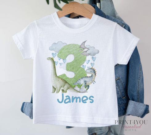 Children's White Cotton Personalised Birthday T-shirt - Dinosaur Design, Name is ONE First Birthday, Two Three Four Five Sixth Birthday