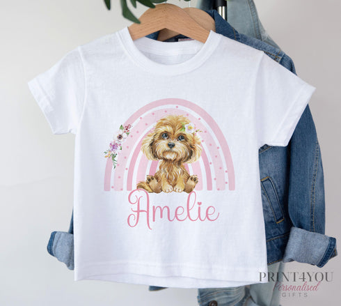 Children's White Cotton Personalised T-shirt - Pink Rainbow with cockapoo puppy dog, Cockerpoo