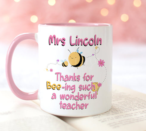 Personalised Thank You mug, teacher Gift ideas, Being A Wonderful Teacher Pink or Blue
