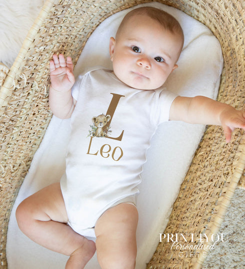Personalised Baby and Toddler white Body suit and vest, New Baby Gift Set, Safari jungle Lion Alphabet Letter and Name