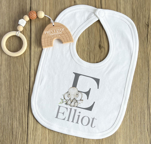 Personalised Baby and Toddler white Body suit and vest, New Baby Gift Set, Safari jungle Elephant Alphabet Letter and Name
