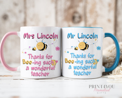 Personalised Thank You mug, teacher Gift ideas, Being A Wonderful Teacher Pink or Blue