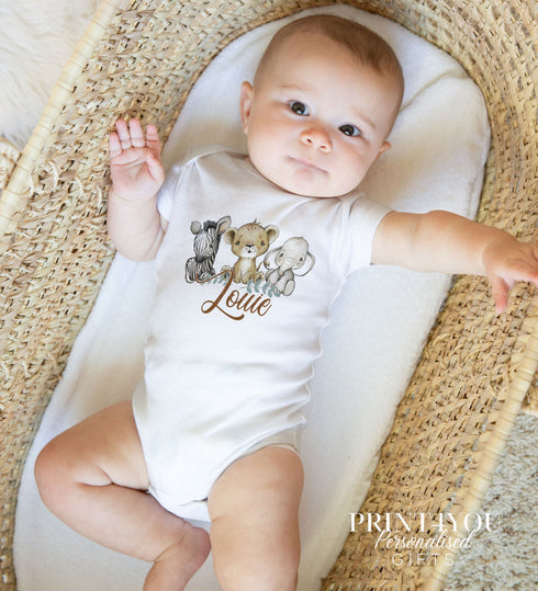 Personalised Baby and Toddler white Body suit and vest, New Baby Gift Set, Safari Jungle Animals