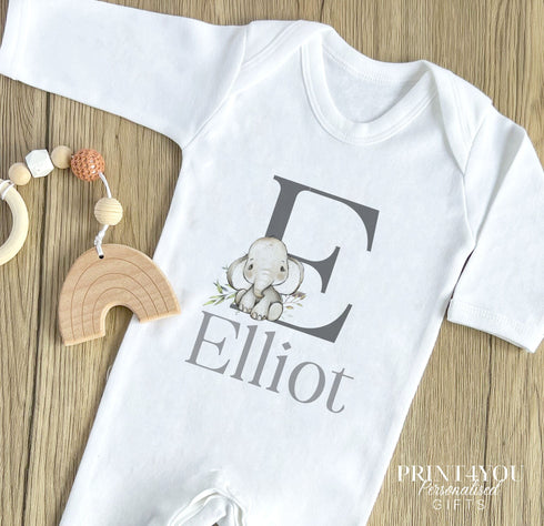 Personalised Baby day suit, Elephant Alphabet Letter, Babies New Baby Clothing Gift Set, White Romper Onsie babygrow