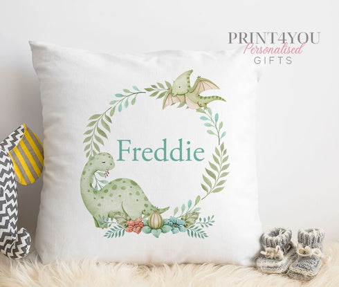 Dinosaur Wreath Children's Bedroom Cushion | Personalised Children's Pillow Gift | New baby gift Ideas