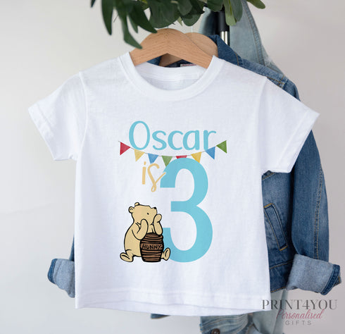 Personalised Birthday T-Shirt ANY AGE - Cotton White Top, Classic Pooh Bear, any number any age in blue