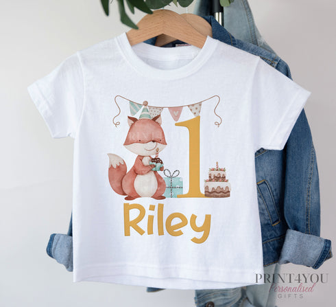 Personalised Birthday T-Shirt ANY AGE - Cotton White Top, Fox with banner and cake, any number any age