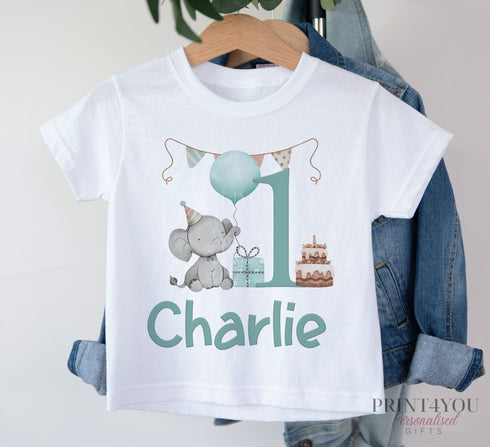 Personalised Boys Birthday T-Shirt ANY AGE - Cotton White Top, Elephant with banner and cake, any number any age