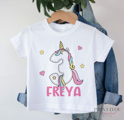 Personalised Unicorn Birthday T-Shirt ANY AGE - Cotton White Top, any number any age, (Set 4)