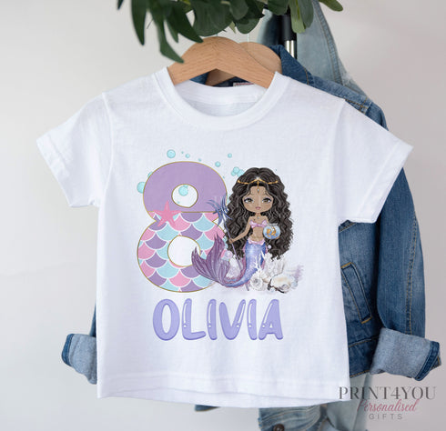 Personalised Mermaid Birthday T-Shirt ANY AGE - Cotton White Top, any number any age, Dark skin mermaid
