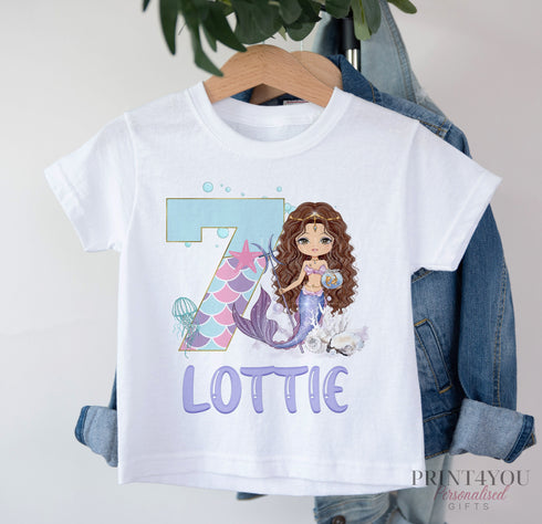 Personalised Mermaid Birthday T-Shirt ANY AGE - Cotton White Top, any number any age, Brown Hair mermaid