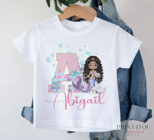 Personalised Mermaid Birthday T-Shirt - Cotton White Top, any Alphabet letter, Darker skin mermaid