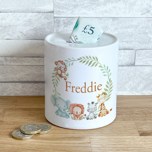 Personalised Ceramic White Money Box Coin Bank - Jungle Safari Animals Wreath
