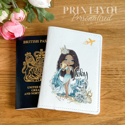 Girls Personalised Passport Holder Cover, White PU Leather, Wave Sea Beach girl blonde hair