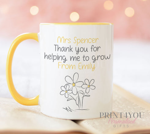 Personalised Thank You mug, teacher Gift ideas, Nursery Teacher, Childminder or Foster Carer gifts, helping me to grow - Full white mug