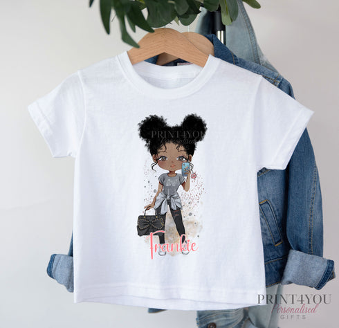 Children's White Cotton Personalised T-shirt - Dark Skin Fashion Doll Girl, Holiday Summertime t-shirt