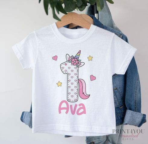 Personalised Unicorn Birthday T-Shirt ANY AGE - Cotton White Top, any number any age, (Set 3)