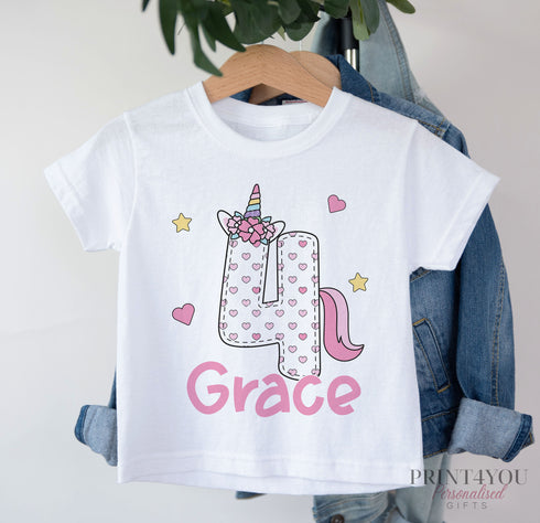 Personalised Unicorn Birthday T-Shirt ANY AGE - Cotton White Top, any number any age, (Set 3)