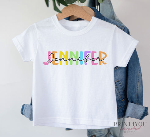 Children's White Cotton Personalised T-shirt - Colourful Rainbow Name