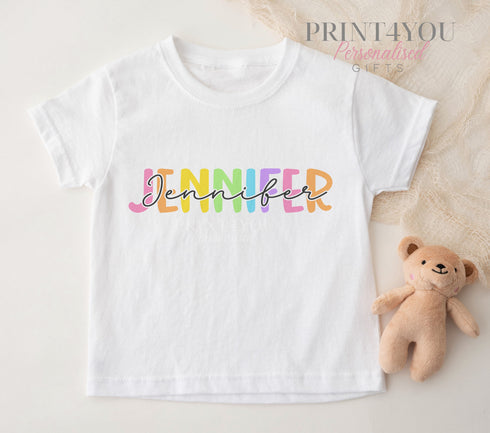 Children's White Cotton Personalised T-shirt - Colourful Rainbow Name