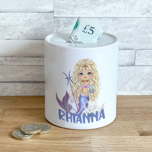 Personalised Ceramic White Money Box Coin Bank - Blonde mermaid, gift for girls