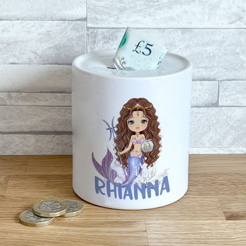 Personalised Ceramic White Money Box Coin Bank - Brown hair mermaid, gift for girls