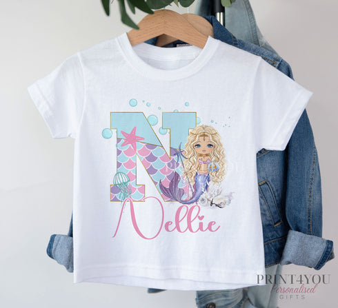 Personalised Mermaid Birthday T-Shirt - Cotton White Top, any Alphabet letter, Blonde Hair mermaid