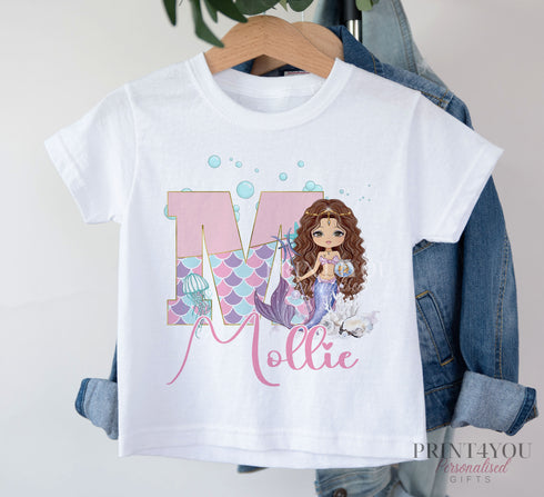 Personalised Mermaid Birthday T-Shirt - Cotton White Top, any Alphabet letter, Darker skin mermaid