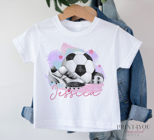 Children's White Cotton Personalised T-shirt - Football Fan Pink or Blue Boys or Girls