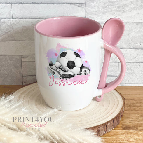 Personalised Ceramic Mug and Spoon Set - Pink or Blue Football Design