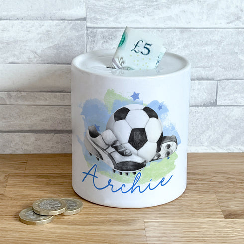 Personalised Ceramic White Money Box Coin Bank - Boys Blue Football
