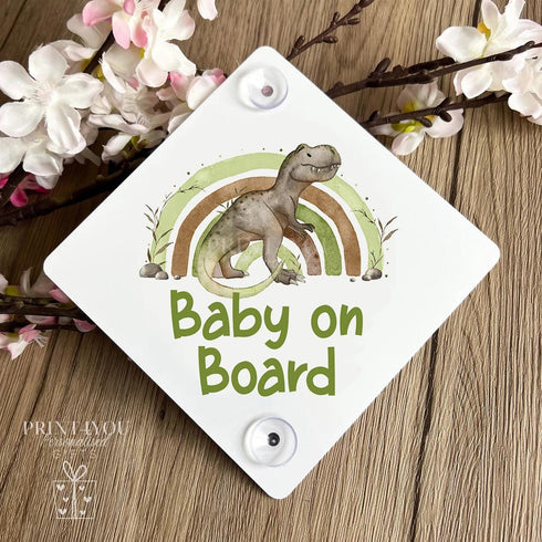 Baby on Board Aluminium Car Window Safety Sign | Polite Driver Notice | Kids Car Accessories | Green T-rex Dinosaur Rainbow
