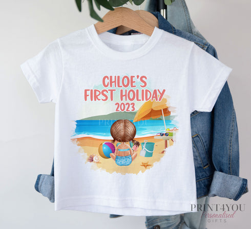 My First Holiday Personalised T-shirt - Girls Children's White Cotton Graphic Tee